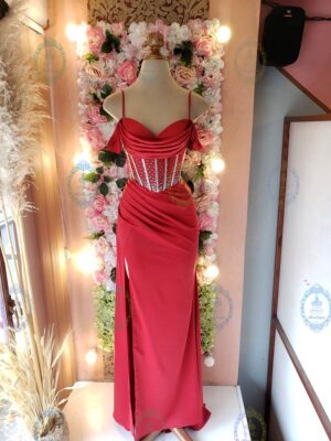 Vestido largo satinado corset brillos